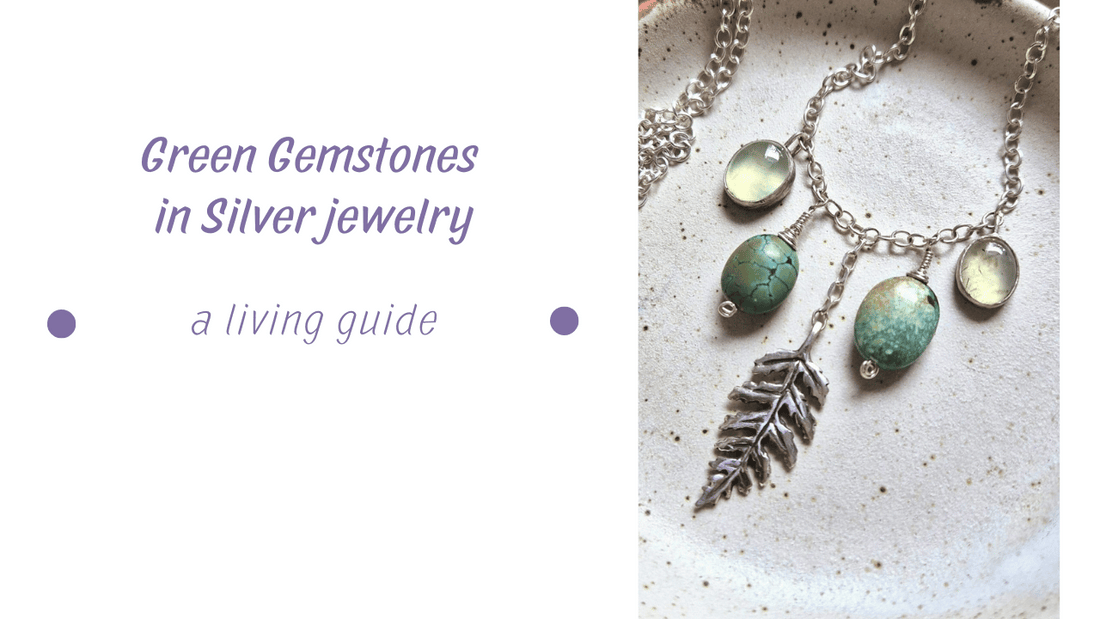 Green gemstones silver necklace with leaf pendant - handmade nature-inspired jewelry by Bearcat Jewelry
