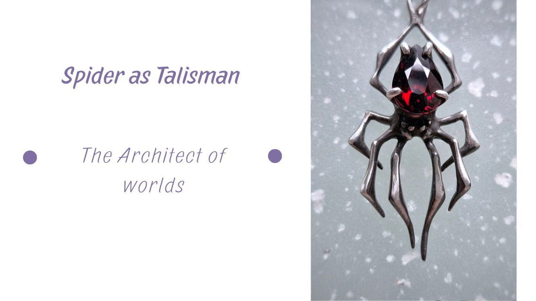 Spider Symbolism: A handmade Spider necklace with a faceted garnet gem, on soft gray background