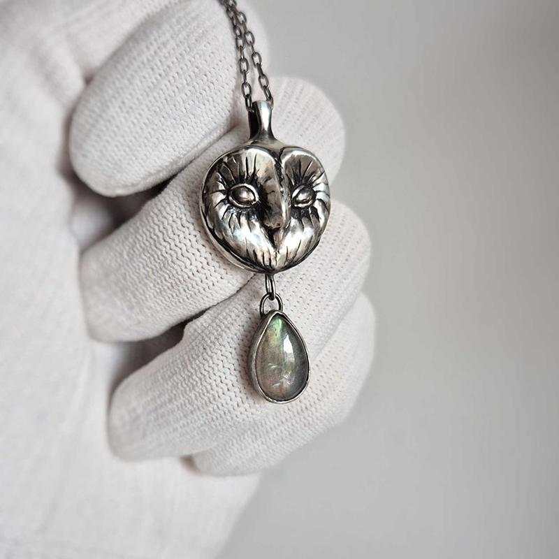 Silver Owl necklace - Labradorite gem drop - Handmade silver jewelry