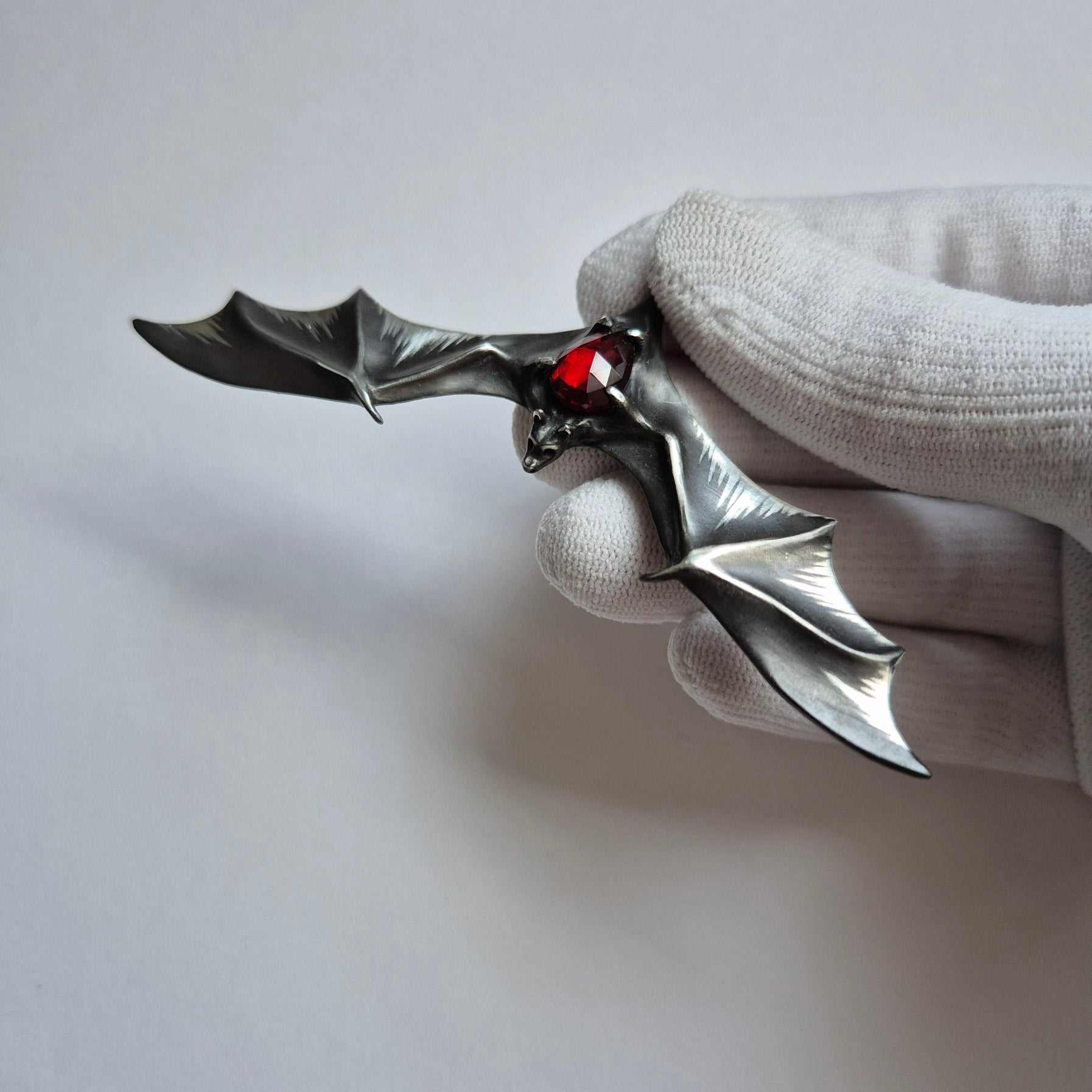 Silver Bat necklace - Natural Garnet - Handmade symbolic jewelry