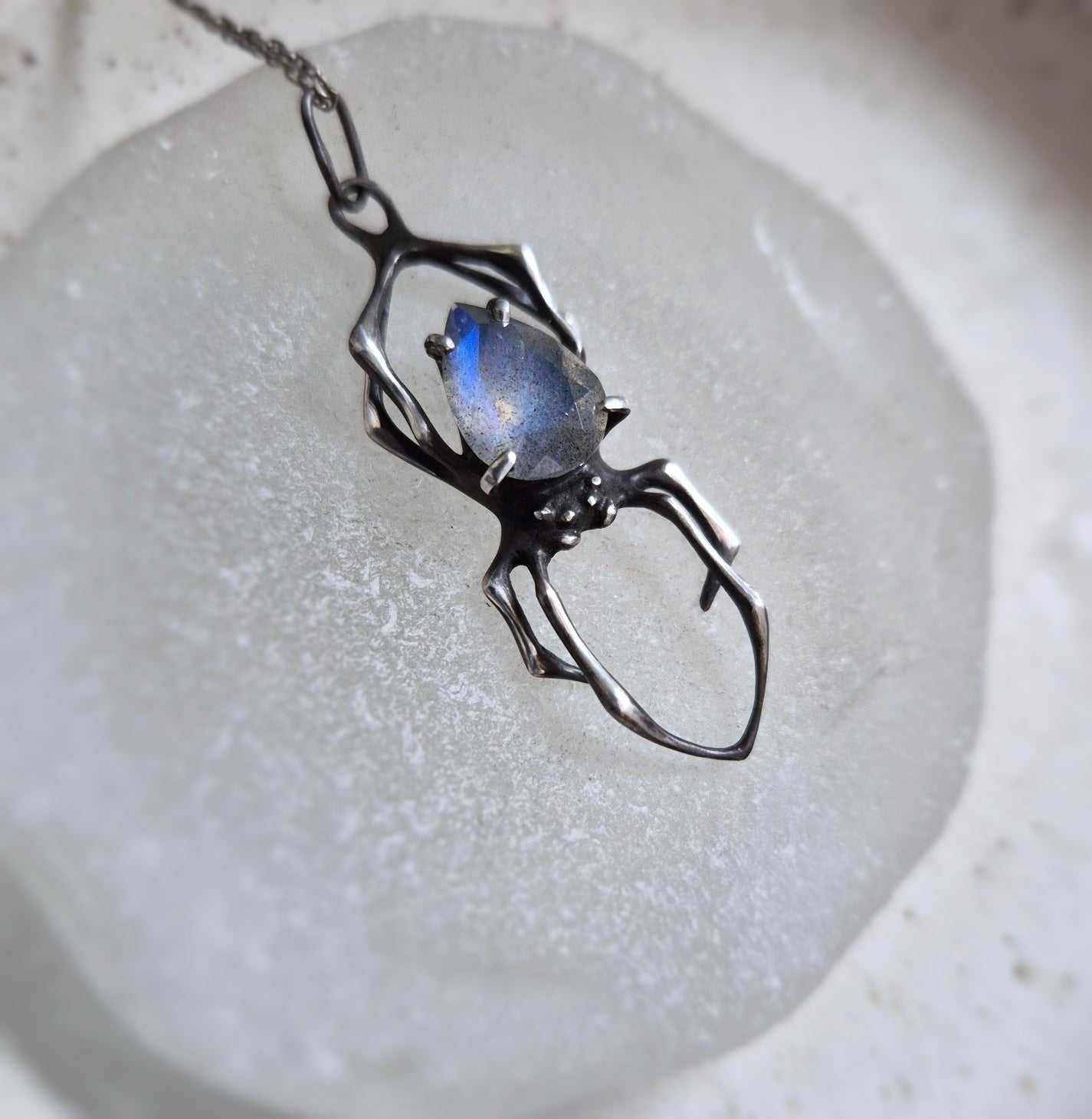 Nature-inspired spider necklace resting on glass surface