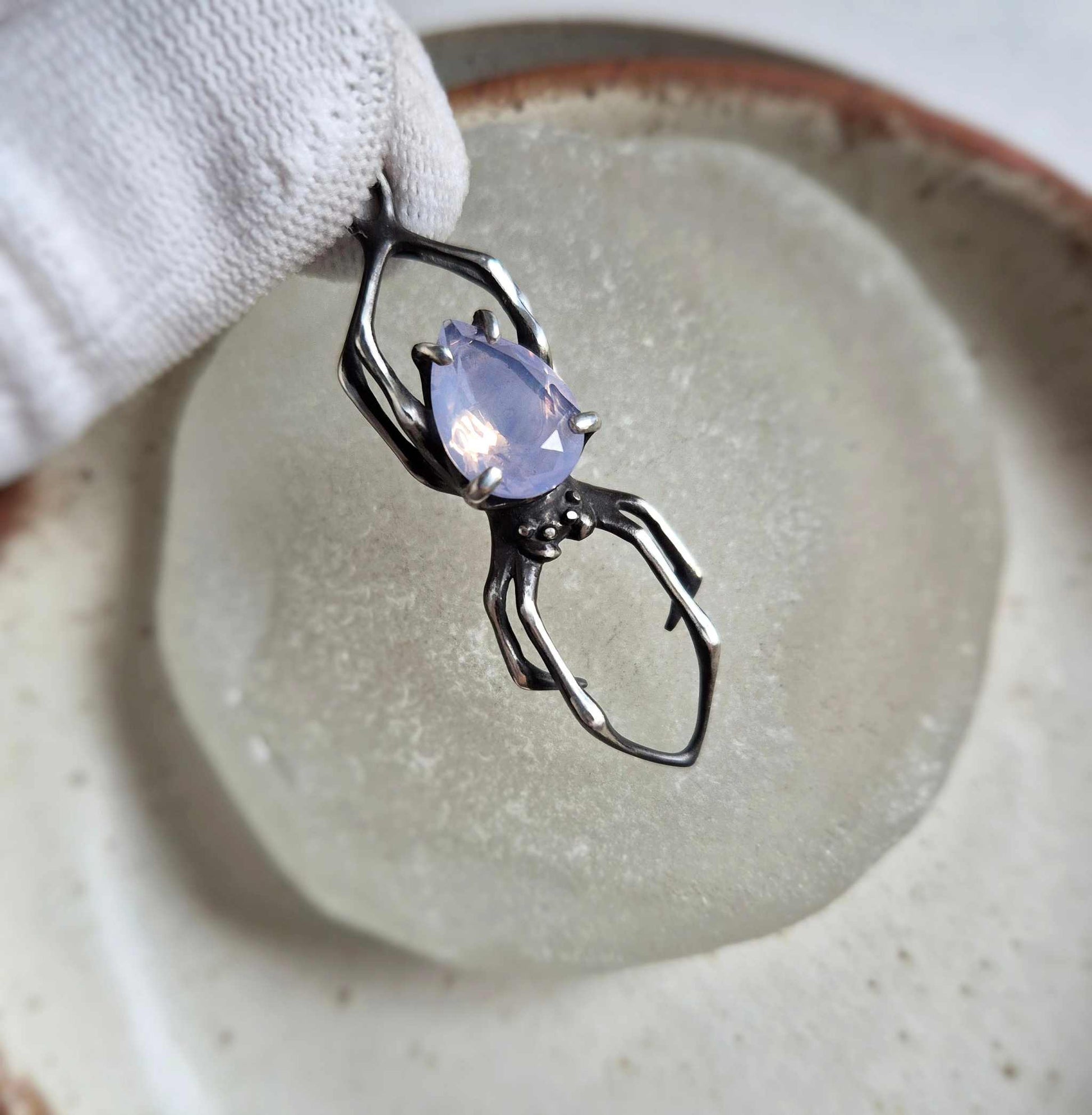 Artisan silver spider necklace with lavender quartz stone, gothic nature-inspired jewelry
