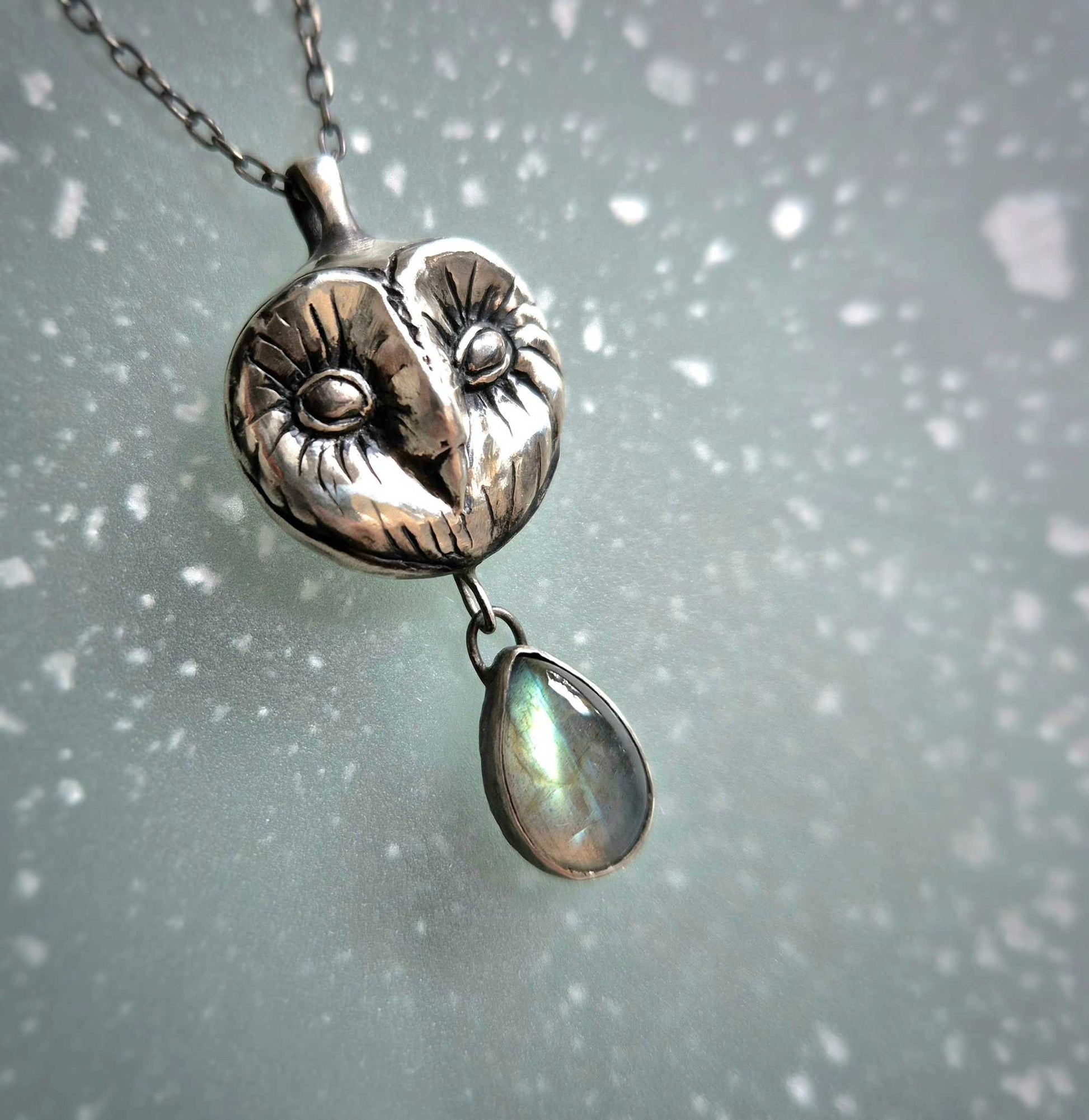 Barn owl face pendant in oxidized silver with a mystical labradorite drop - silver Owl necklace.