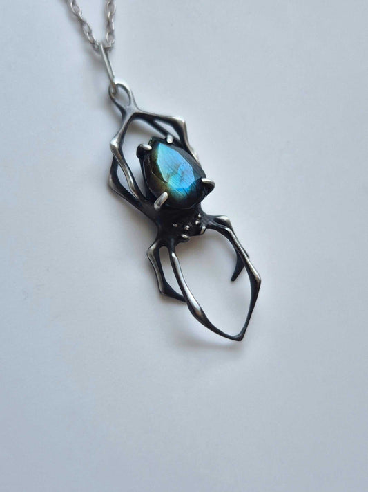 Spider necklace in sterling silver - Blue/golden labradorite - OOAK / Ready to ship