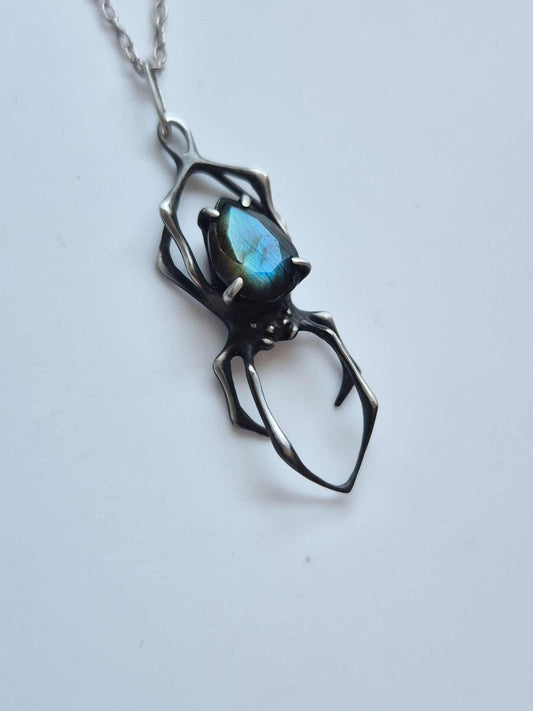 Spider necklace in sterling silver - Blue/golden labradorite - OOAK / Ready to ship