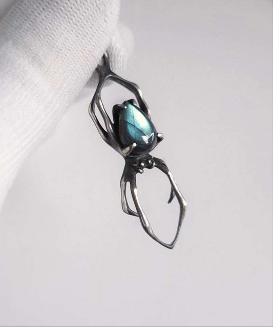 Silver Spider necklace - Labradorite, handmade oxidized silver pendant
