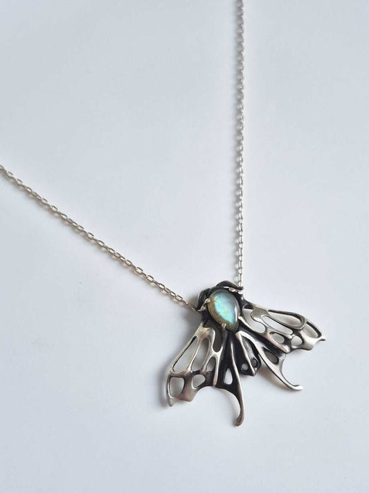 moth necklace in sterling silver - blue/cyan labradorite