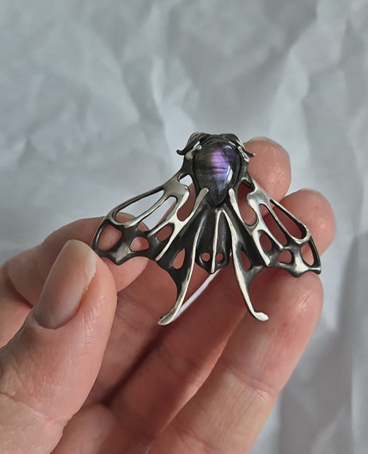 Moth Necklace – Labradorite gem - Handmade symbolic silver jewelry