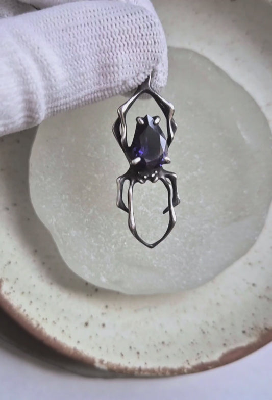 Silver Spider Necklace – Iolite sunstone gem - Handmade oxidized silver jewelry