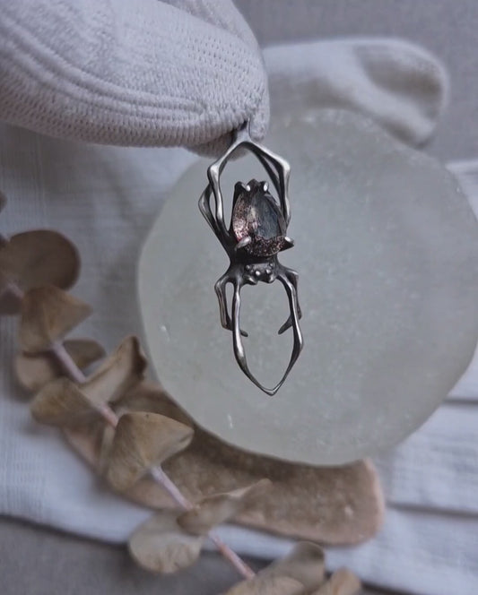 Silver Spider necklace - unique Super Seven gem - Handmade oxidized silver jewelry