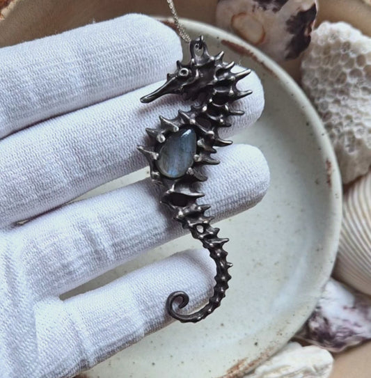 Silver Seahorse necklace- Blue Labradorite - Handmade silver jewelry
