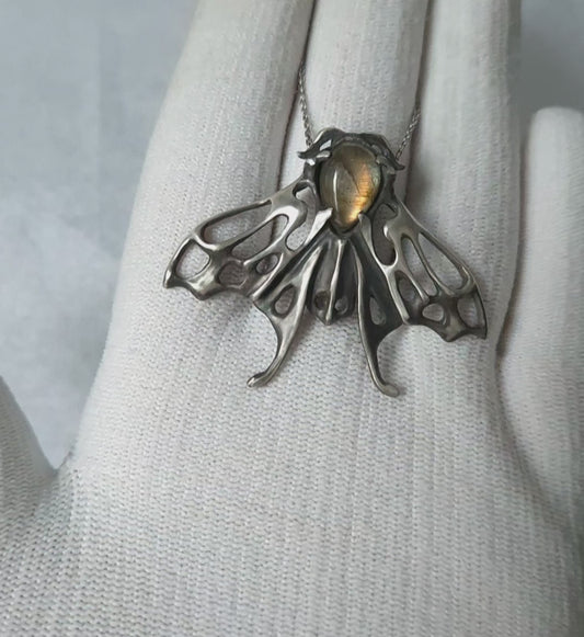 Moth Necklace – Golden Labradorite - Handmade symbolic silver jewelry