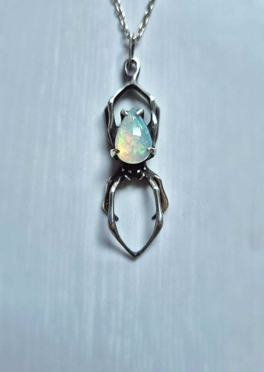 spider necklace in sterling silver – opal - one-of-a-kind