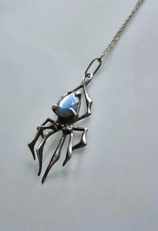 Spider necklace with blue labradorite gem on chain