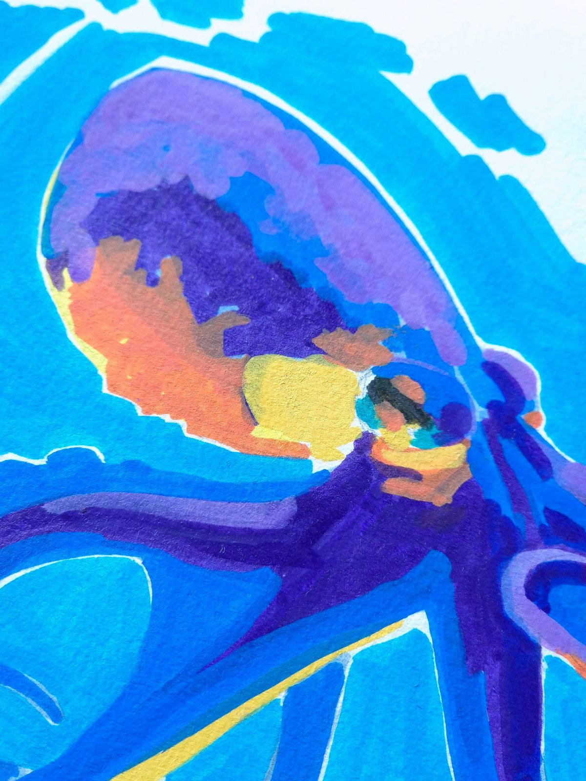 Detailed view of an Octopus illustration with layered acrylic strokes and visible paper texture – unique marine artwork