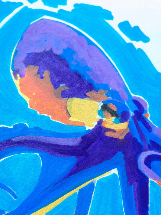 Detailed view of an Octopus illustration with layered acrylic strokes and visible paper texture – unique marine artwork