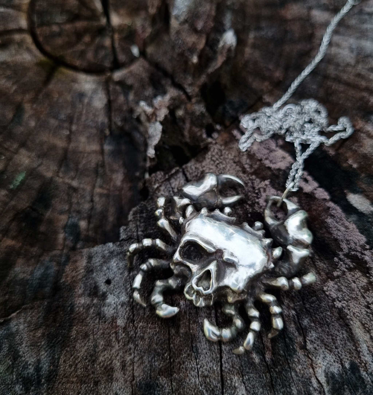 Silver crab skull pendant with sculpted legs and claws displayed on weathered tree bark