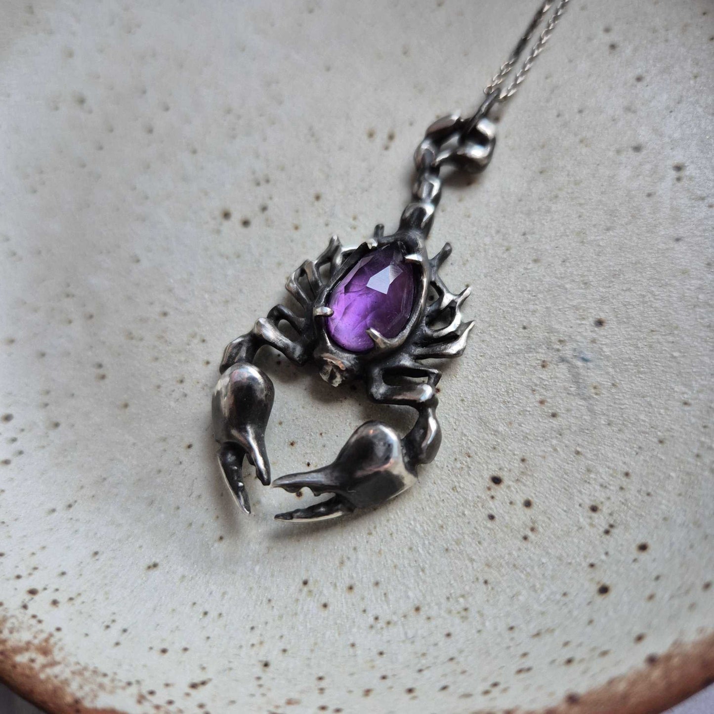 Close-up of silver scorpion pendant with faceted rose cut amethyst, on a ceramic surface