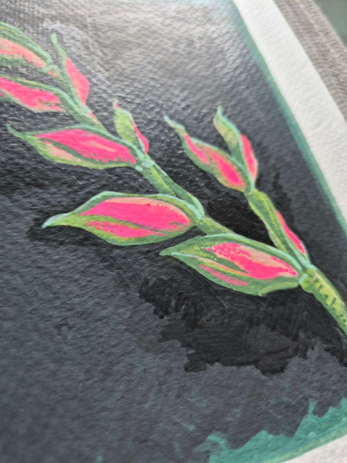 Illustrated Pedilanthus tithymaloides stem with stylized leaves — expressive plant drawing in vivid tropical colors.