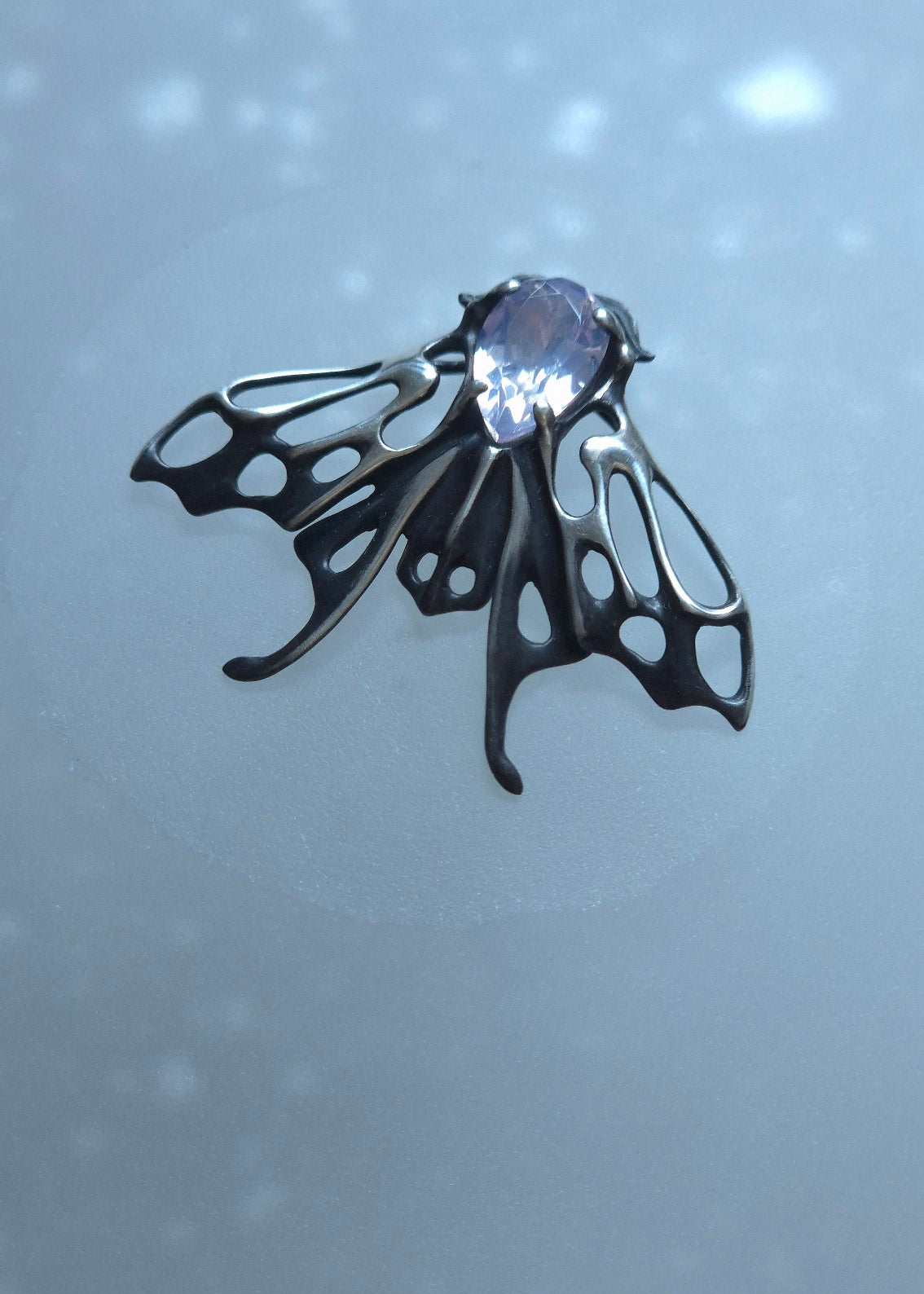 Dreamlike winged silver Moth pendant in oxidized sterling silver with delicate lavender quartz stone