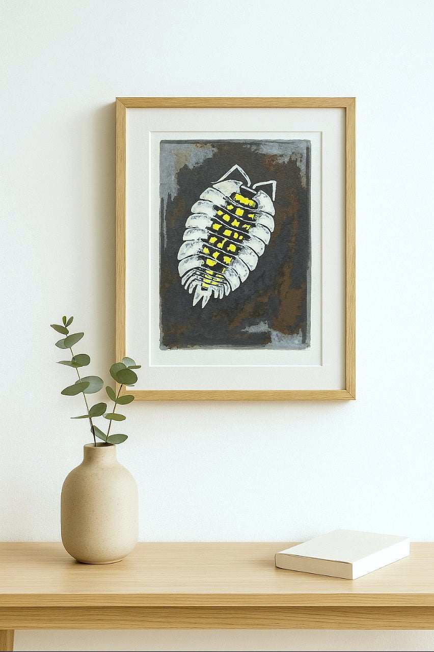 Isopod illustration, framed, animal illustration, a painting of a Porcellio isopod, woodlouse, drawn with acrylic markers on watercolor paper, displayed in interior