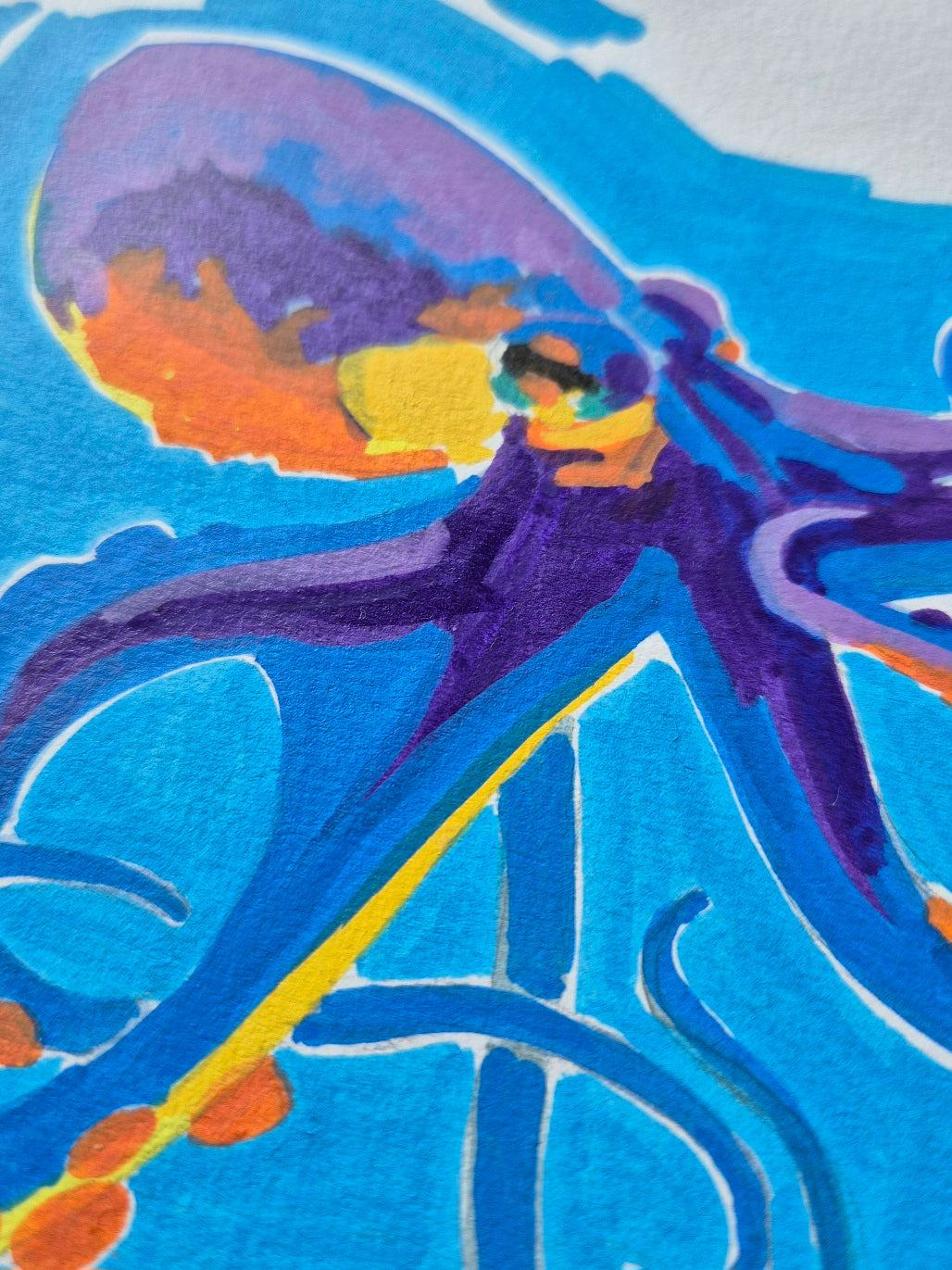 Close-up of original octopus illustration on paper – expressive marine-themed artwork with bold acrylic strokes and vibrant colors
