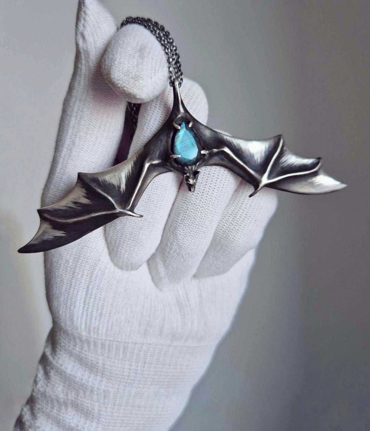bat necklace in sterling silver - blue labradorite