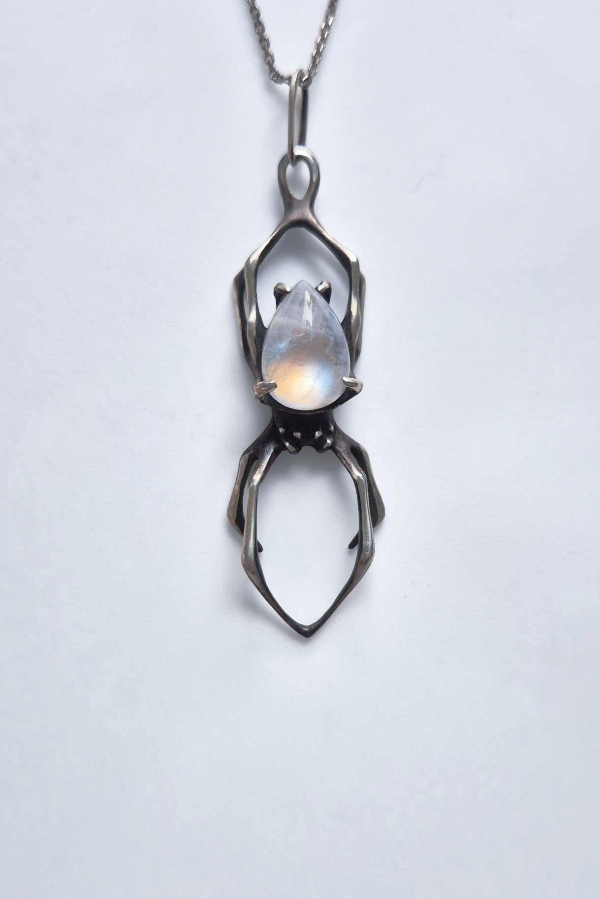 Front view of an oxidized sterling silver spider necklace with rainbow moonstone and chain on white