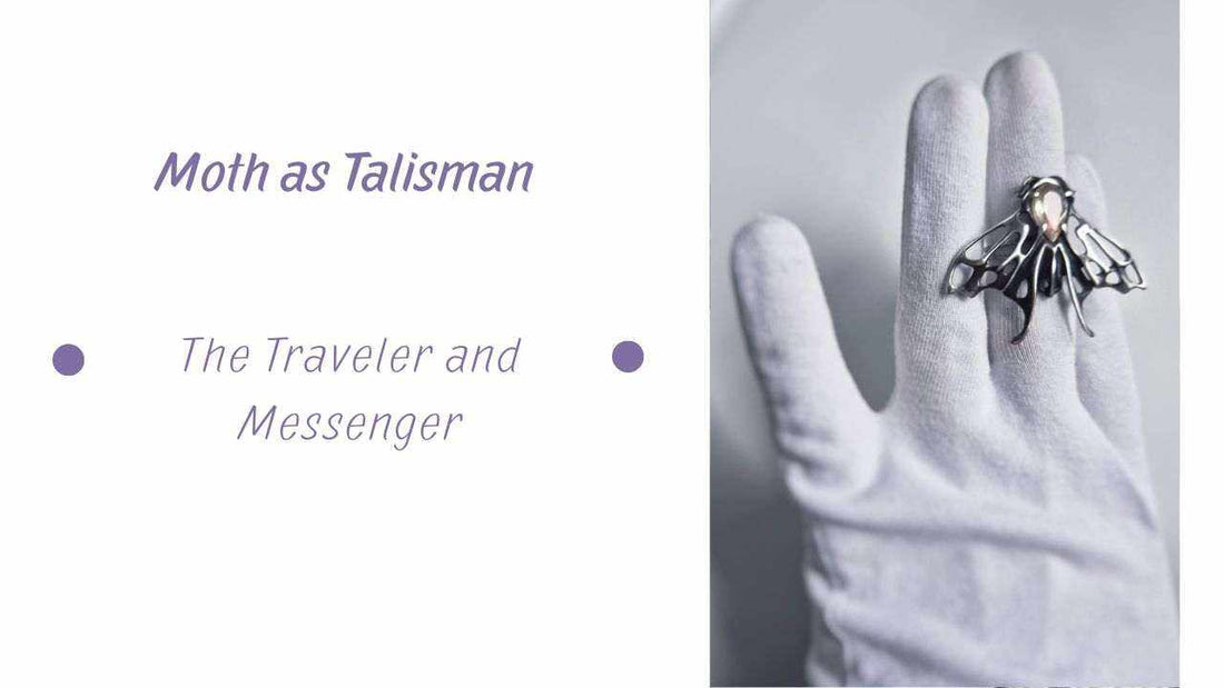 Moth Symbolism: a Moth ring in sterling silver, with a faceted sunstone, on a gloved hand