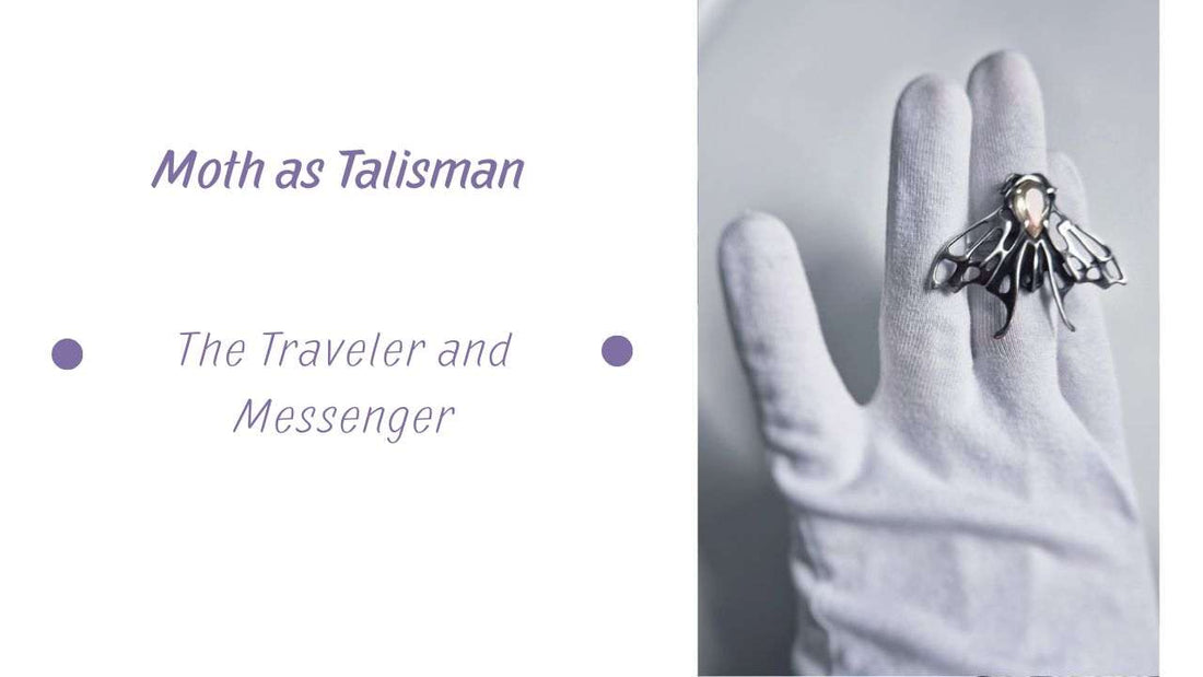 Moth Symbolism: a Moth ring in sterling silver, with a faceted sunstone, on a gloved hand