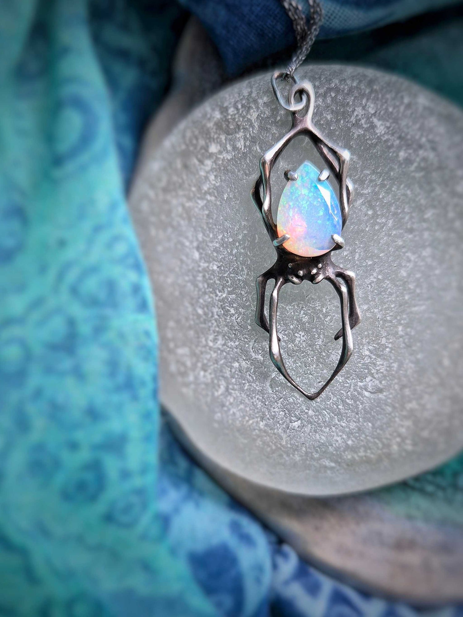 Opal silver spider necklace — handmade talisman on sale