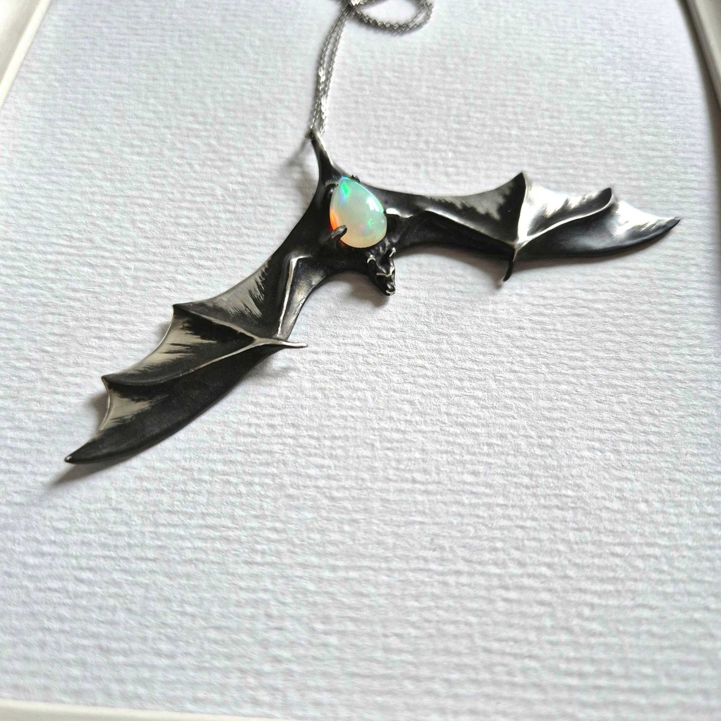 Opal Bat pendant - Made to Order, Witchy silver talisman