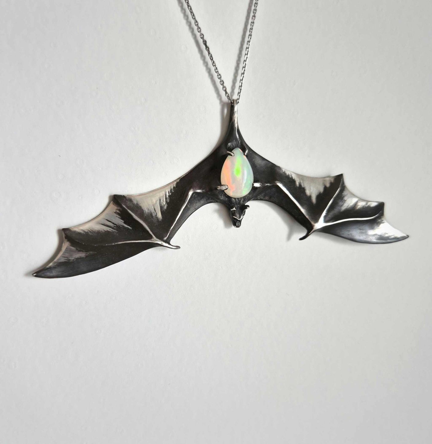 Opal Bat pendant - Made to Order, Witchy silver talisman