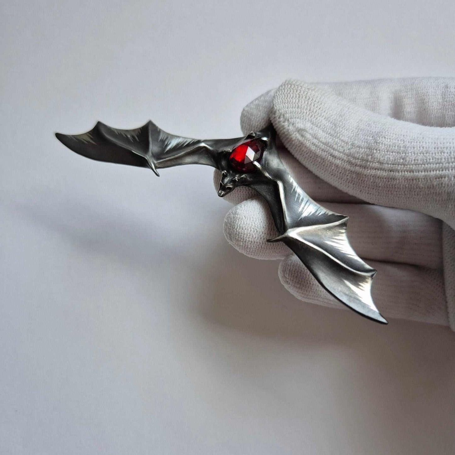 Dragonblood Bat MADE TO ORDER pendant with a rosecut garnet gem, Witchy silver talisman