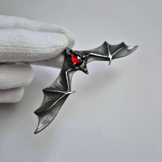 Dragonblood Bat MADE TO ORDER pendant with a rosecut garnet gem, Witchy silver talisman