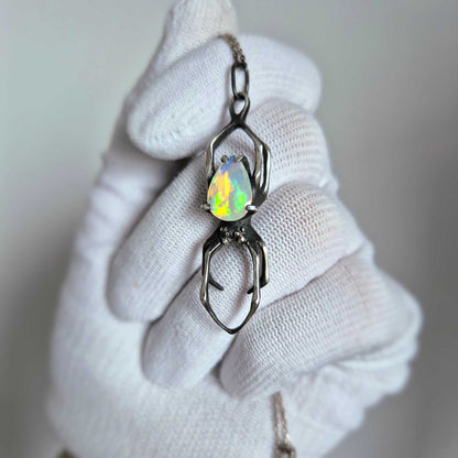 Opal Spider pendant with a faceted Ethiopian opal, Witchy silver talisman