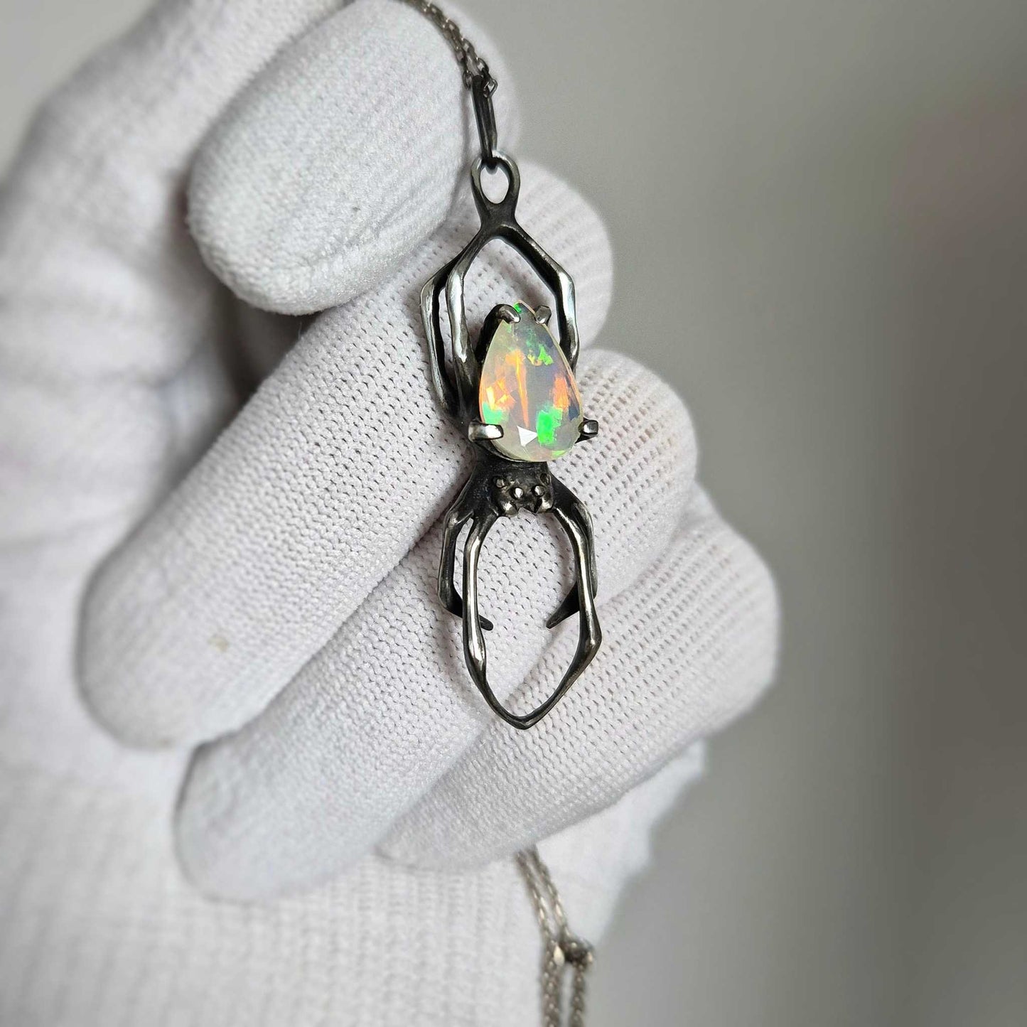 Opal Spider pendant with a faceted Ethiopian opal, Witchy silver talisman