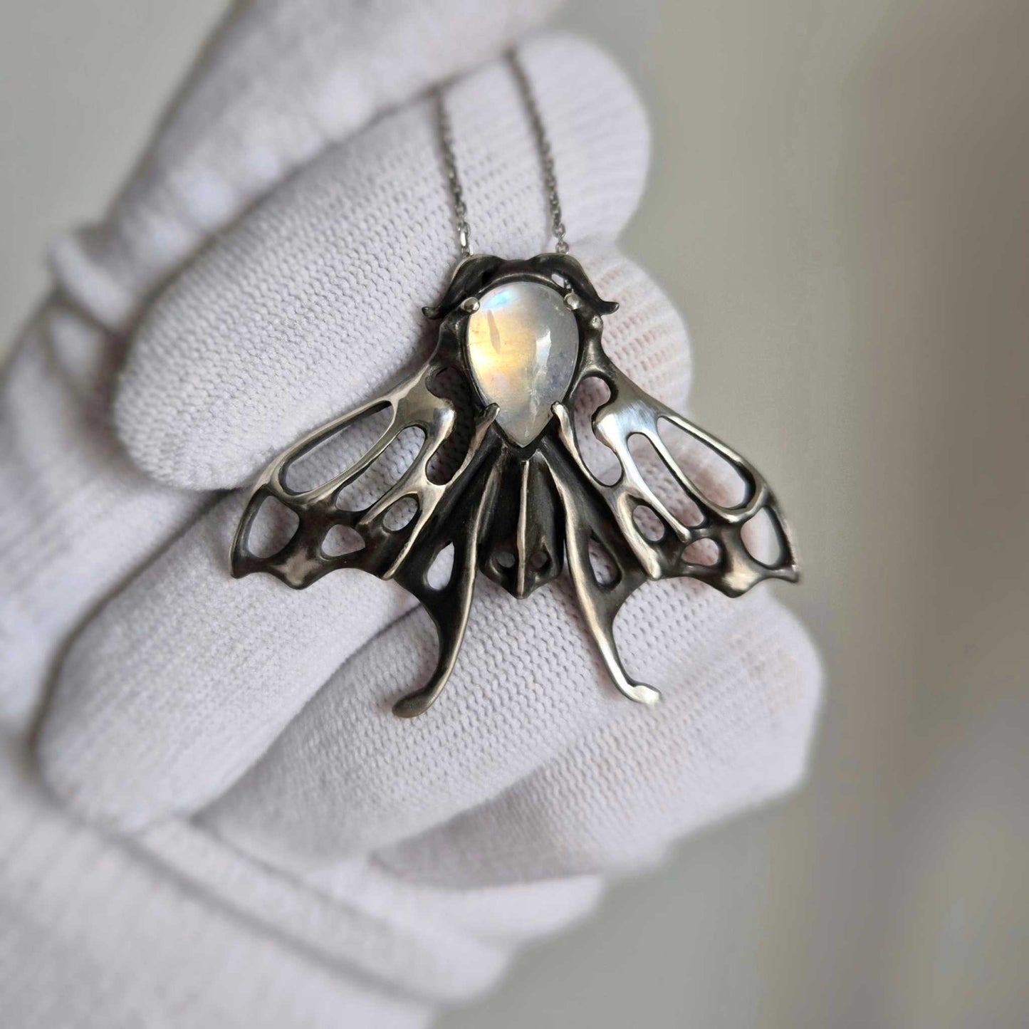 Lunar Moth Pendant, Silver Talisman with a rainbow moonstone gem