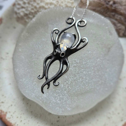 Lunar Octopus pendant with a rainbow moonstone cabochon gem, Mermaid silver jewelry