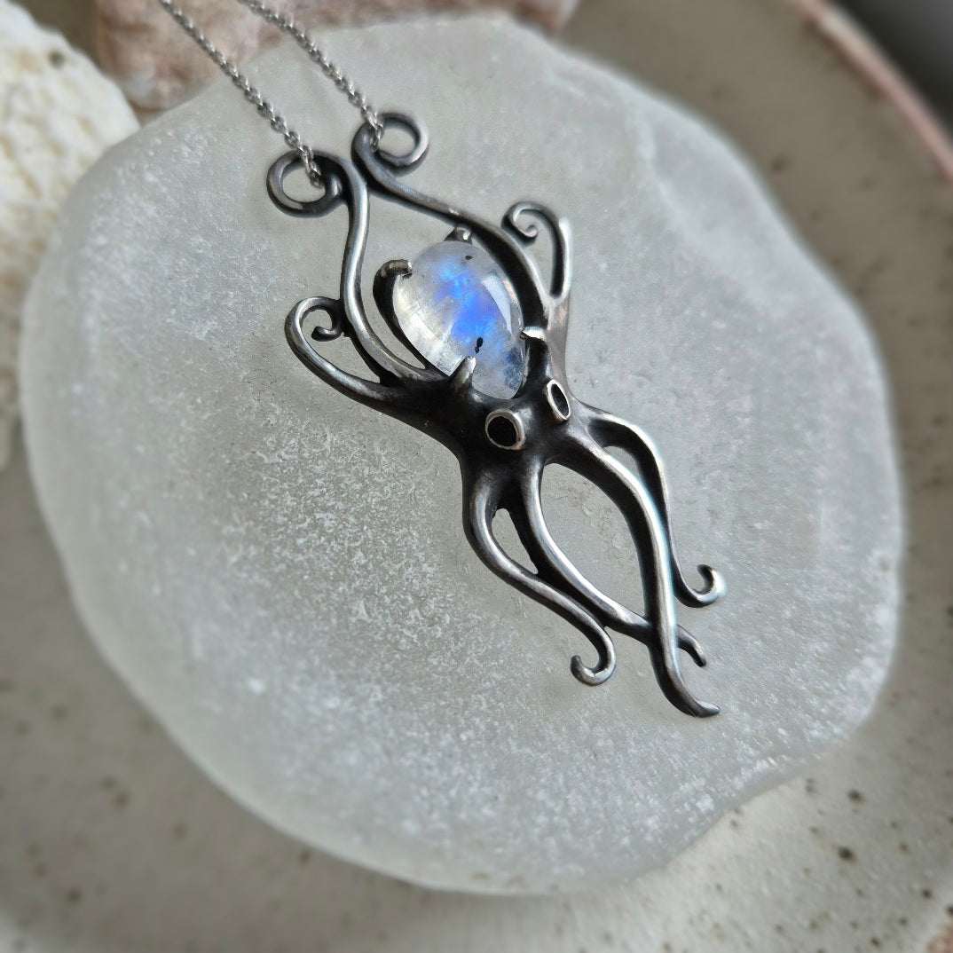 Lunar Octopus pendant with a rainbow moonstone cabochon gem, Mermaid silver jewelry