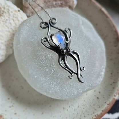 Lunar Octopus pendant with a rainbow moonstone cabochon gem, Mermaid silver jewelry