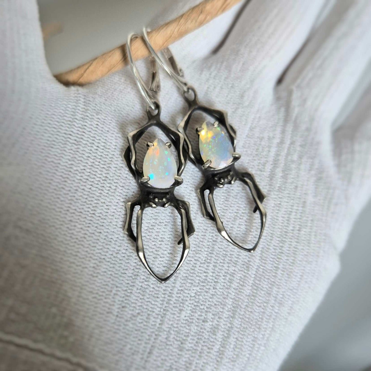 Opal Spider earrings - Made to Order! - with faceted opal gems, handmade Witchy silver jewelry