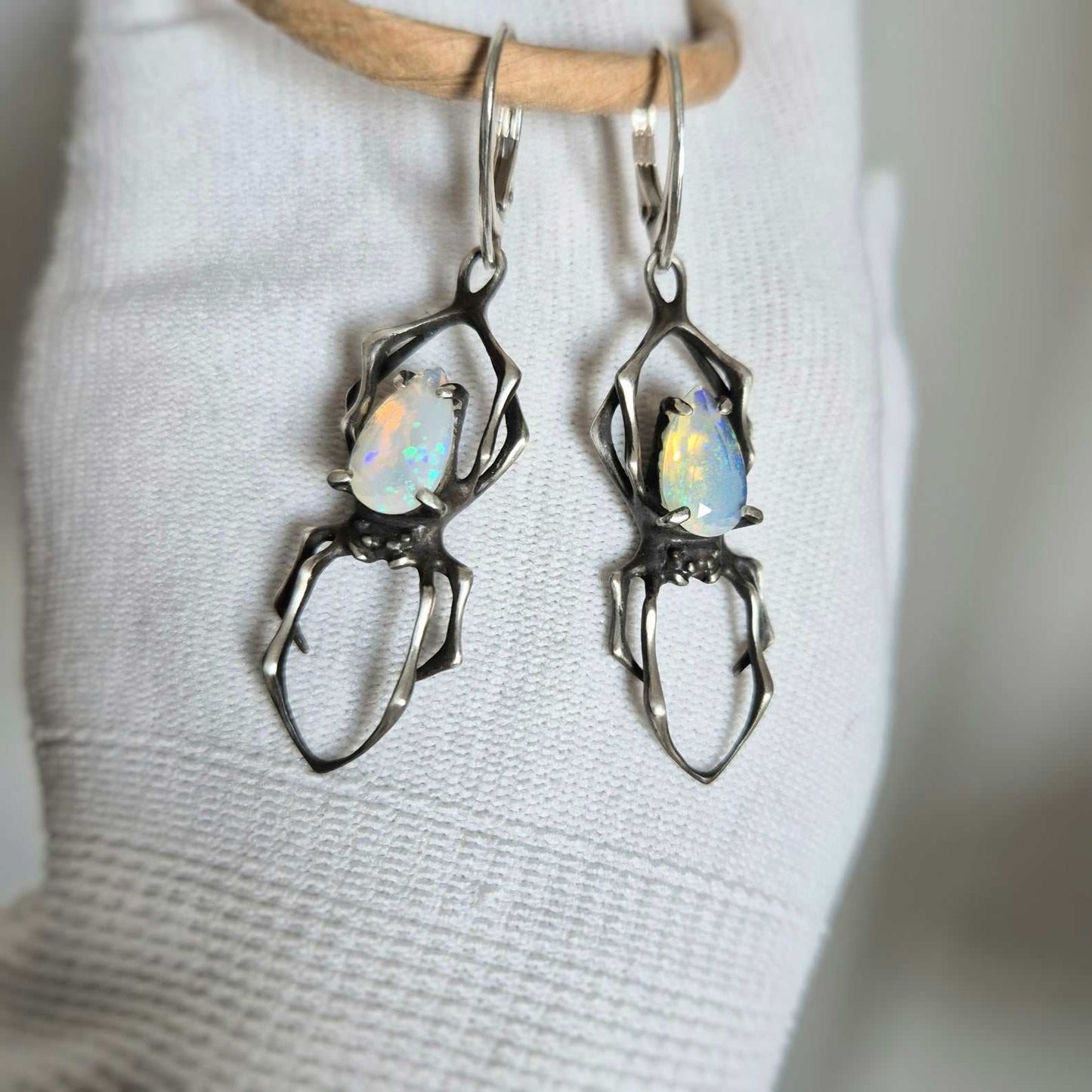 Opal Spider earrings - Made to Order! - with faceted opal gems, handmade Witchy silver jewelry