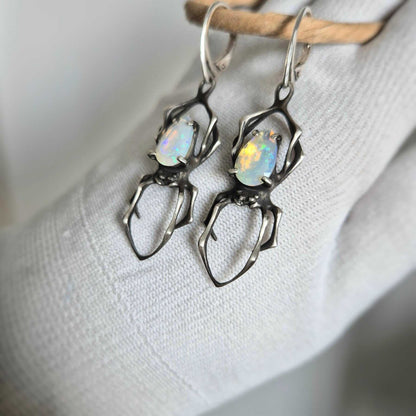 Opal Spider earrings - Made to Order! - with faceted opal gems, handmade Witchy silver jewelry