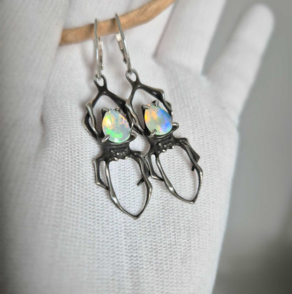 Opal Spider earrings - Made to Order! - with faceted opal gems, handmade Witchy silver jewelry