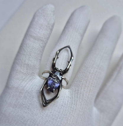 Night Sky Spider ring with a faceted iolite sunstone gem, Witchy silver jewelry