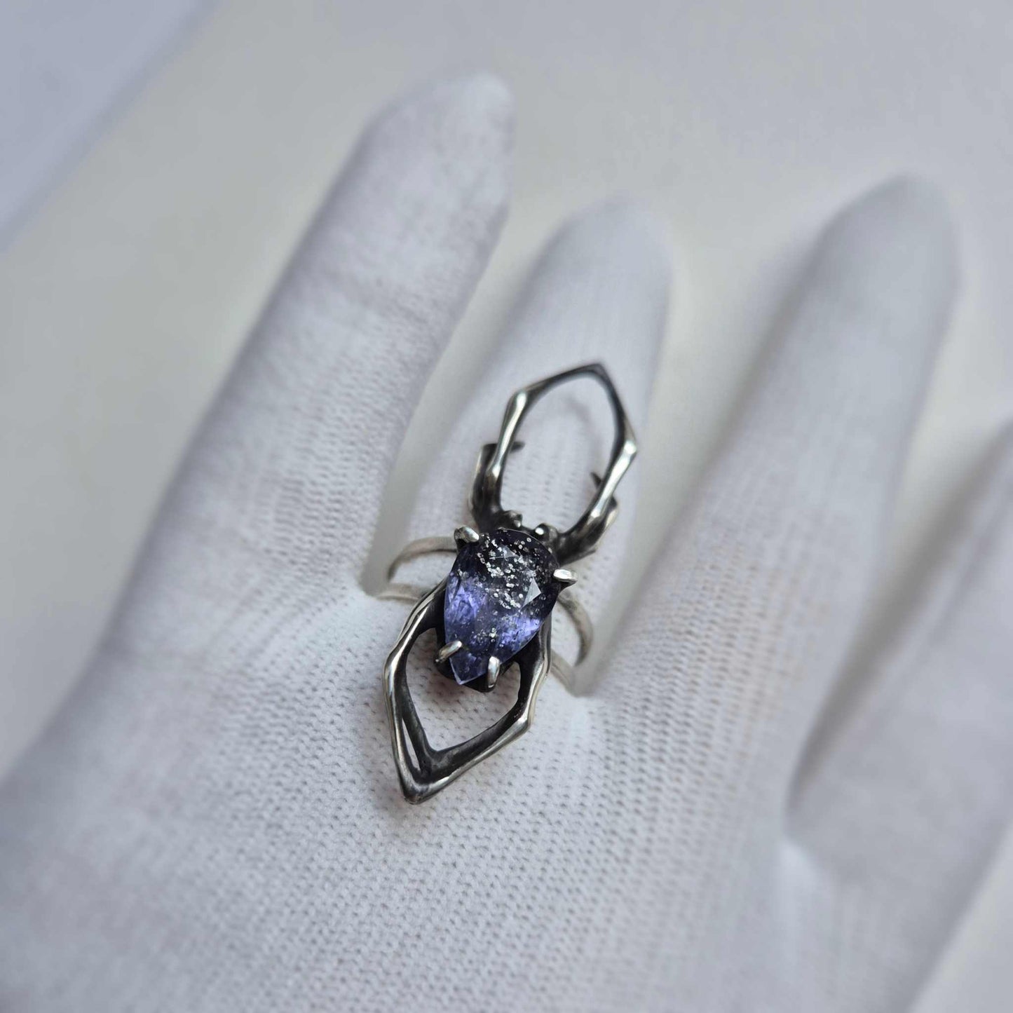 Night Sky Spider ring with a faceted iolite sunstone gem, Witchy silver jewelry