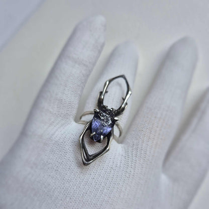 Night Sky Spider ring with a faceted iolite sunstone gem, Witchy silver jewelry