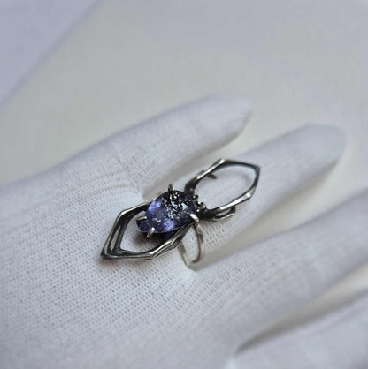 Night Sky Spider ring with a faceted iolite sunstone gem, Witchy silver jewelry