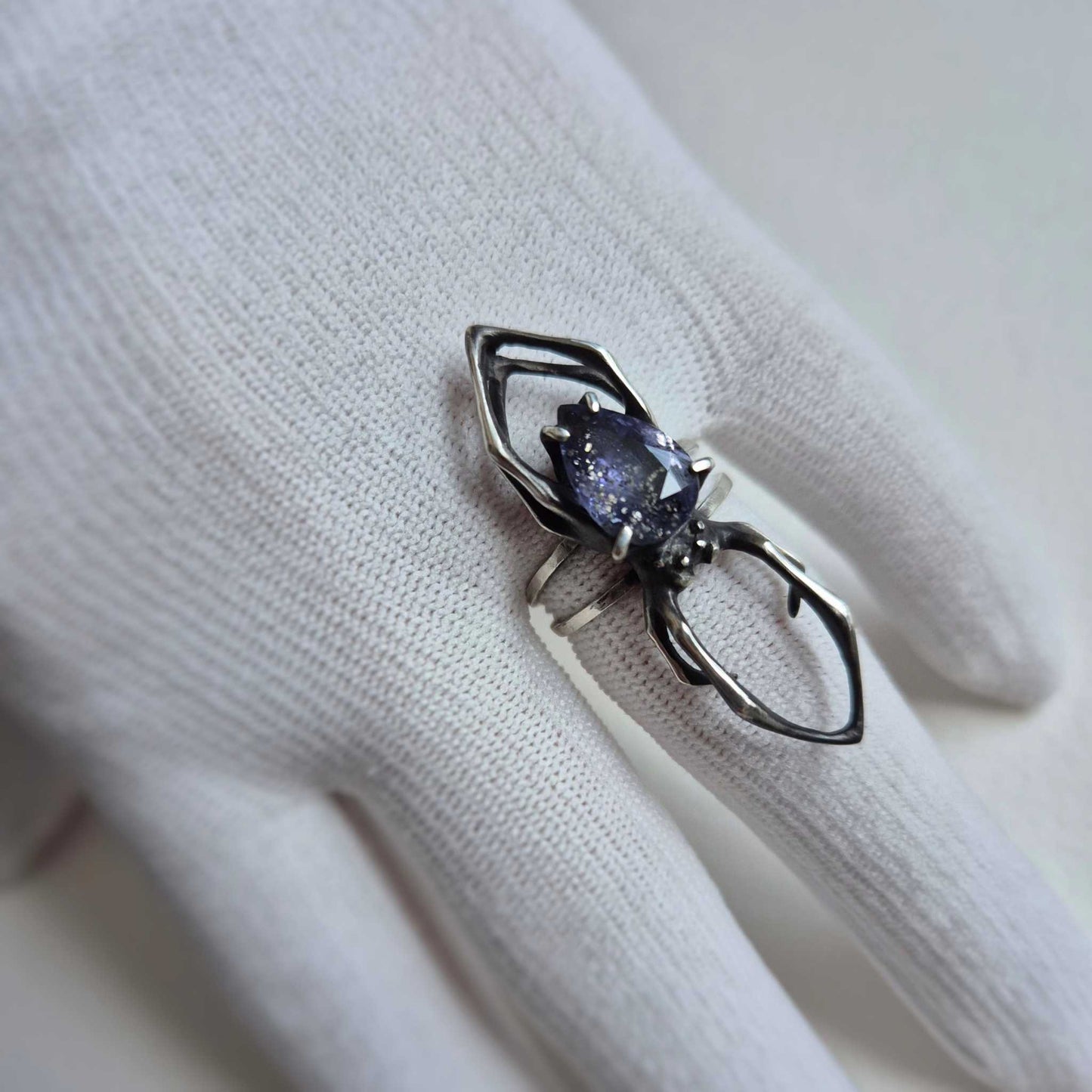 Night Sky Spider ring with a faceted iolite sunstone gem, Witchy silver jewelry